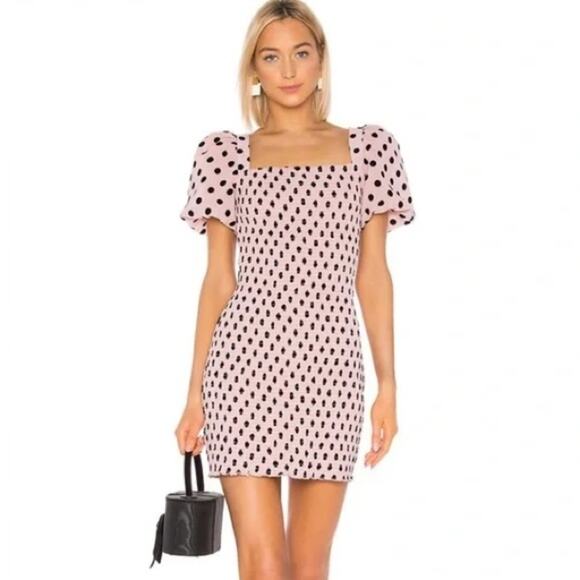 LPA Filomena Smocked Mini Dress Pink - Black Polka Dot Size Large NWT - Picture 1 of 13